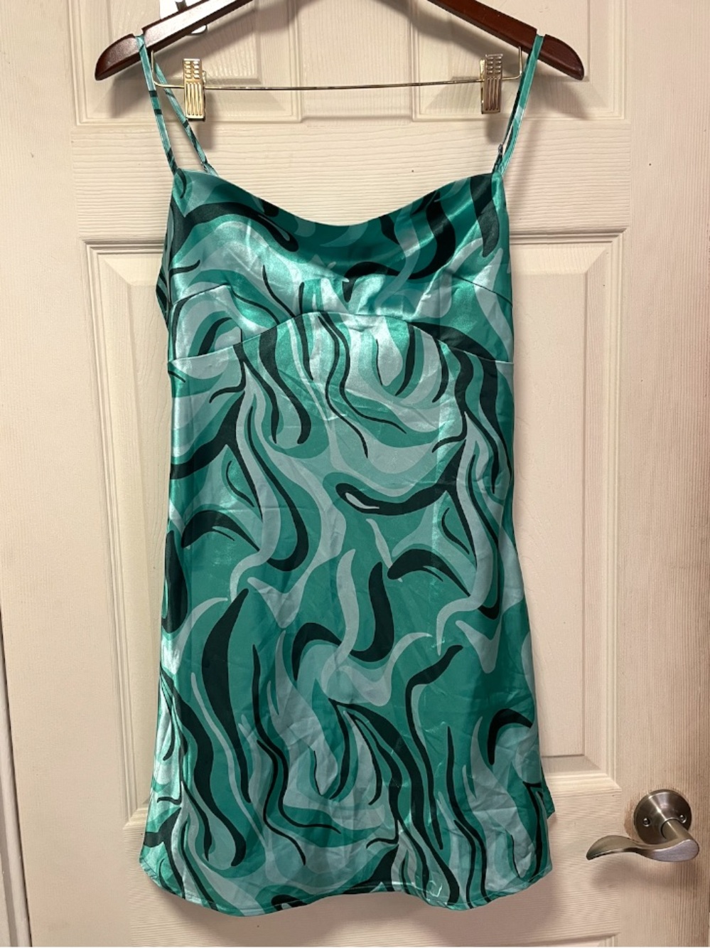 Princess Polly Women Size 6 Green Abstract Satin Slip Mini Dress Cowl Neck